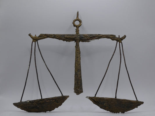 Vintage Brutalist Libra Zodiac Wall Plaque Sculpture | 1960s–1970s Cast Bronze Effect Scales Star Sign Art
