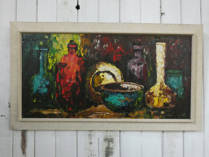 Vintage Mid-Century Modern Still Life Oil Painting – Vibrant Bottles & Bowl Composition, Large Framed Artwork