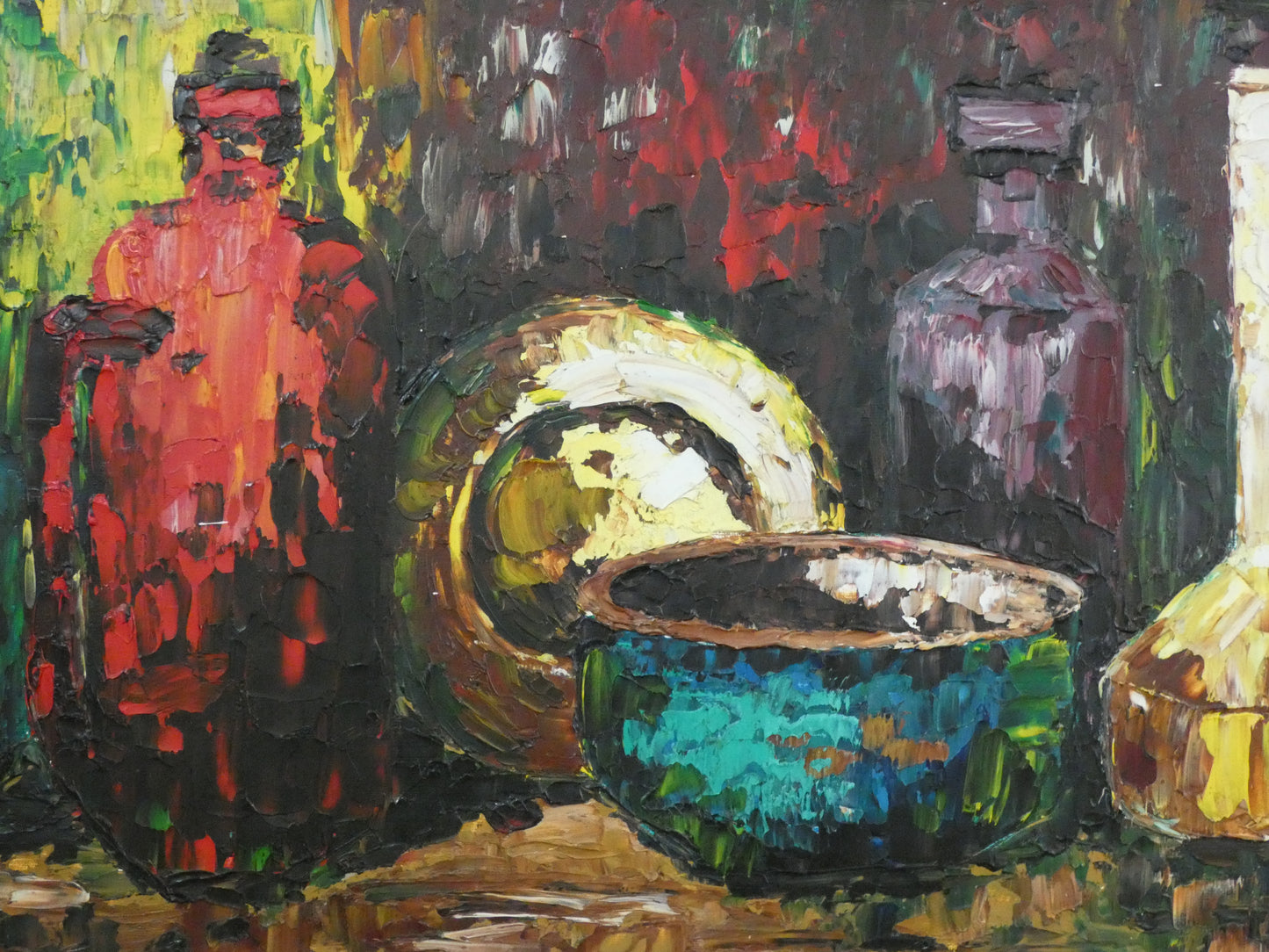 Vintage Mid-Century Modern Still Life Oil Painting – Vibrant Bottles & Bowl Composition, Large Framed Artwork