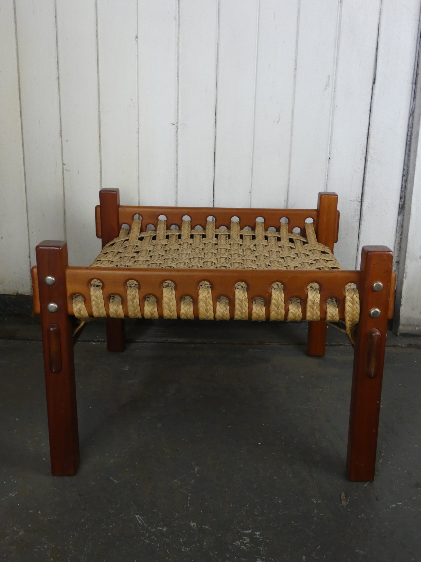 Vintage Brazilian Mid-Century Modern Footstool | Rosewood & Woven Rush Seat | 1960s–1970s MCM Ottoman