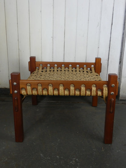 Vintage Brazilian Mid-Century Modern Footstool | Rosewood & Woven Rush Seat | 1960s–1970s MCM Ottoman