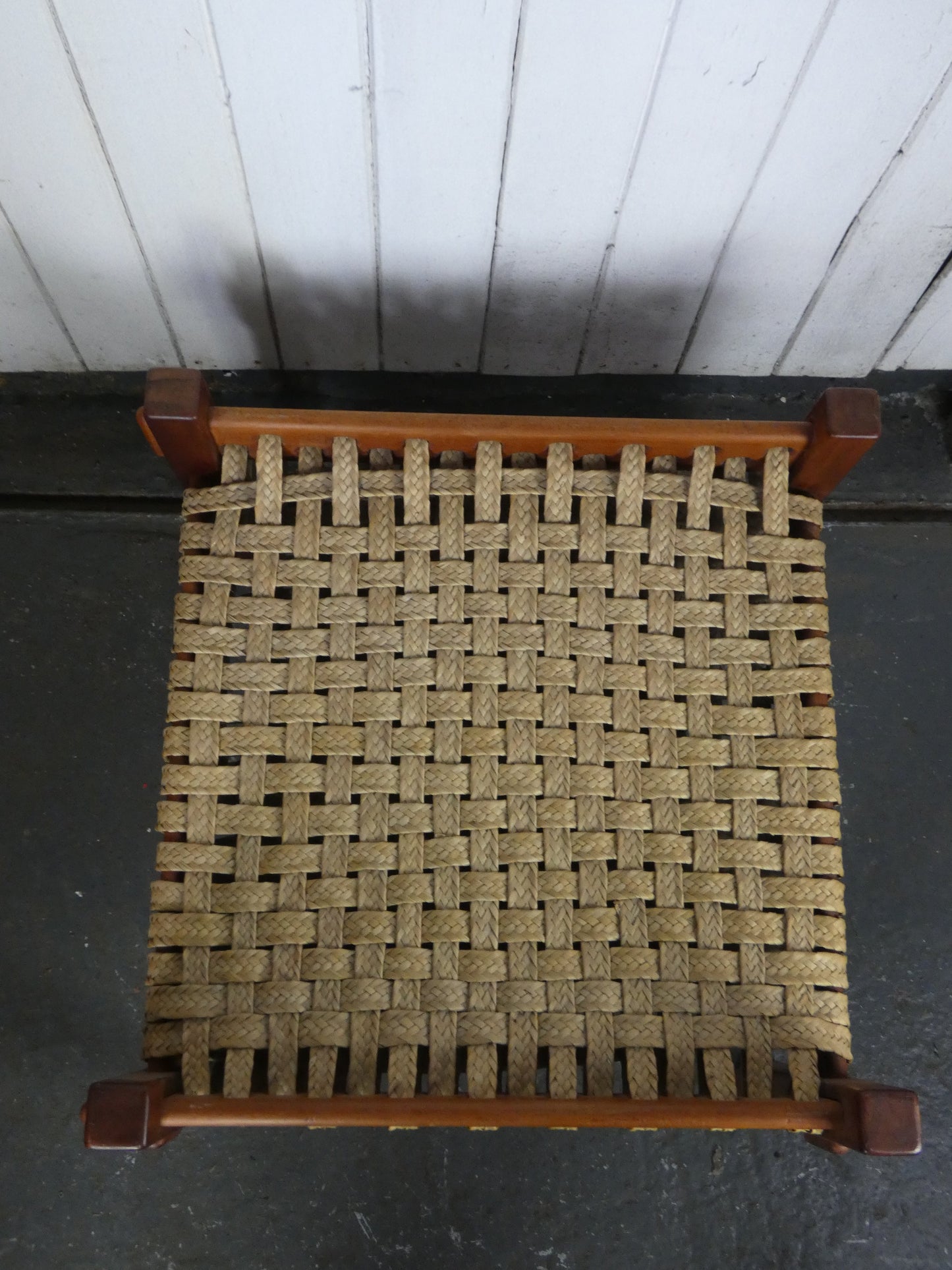 Vintage Brazilian Mid-Century Modern Footstool | Rosewood & Woven Rush Seat | 1960s–1970s MCM Ottoman