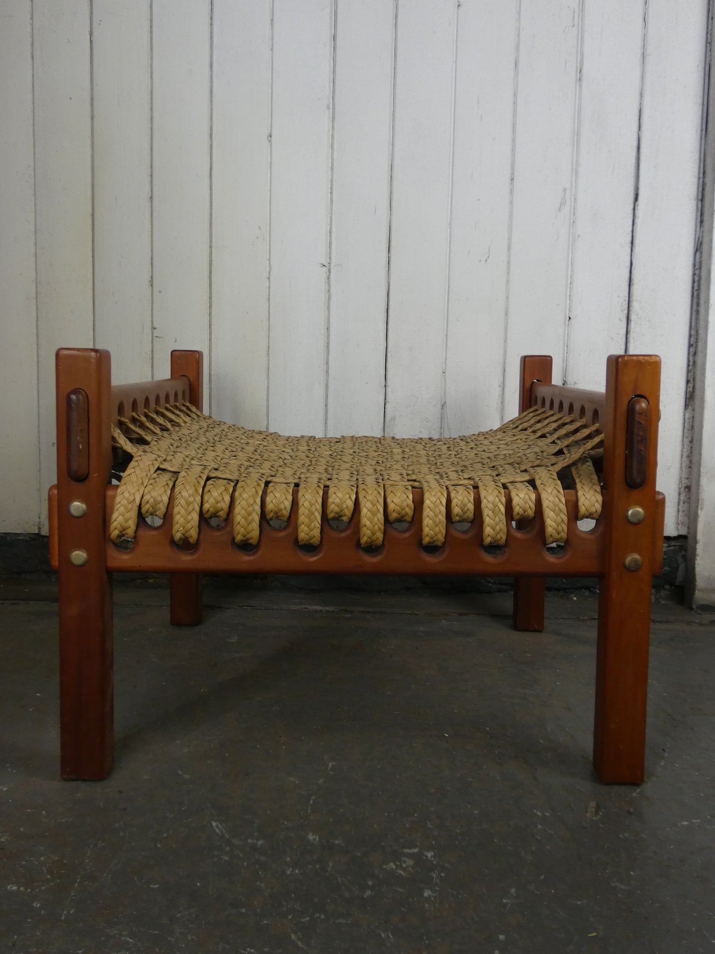 Vintage Brazilian Mid-Century Modern Footstool | Rosewood & Woven Rush Seat | 1960s–1970s MCM Ottoman