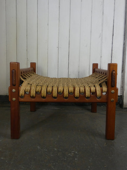 Vintage Brazilian Mid-Century Modern Footstool | Rosewood & Woven Rush Seat | 1960s–1970s MCM Ottoman