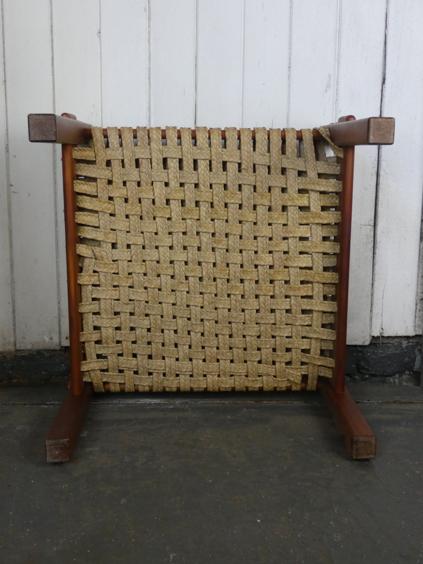 Vintage Brazilian Mid-Century Modern Footstool | Rosewood & Woven Rush Seat | 1960s–1970s MCM Ottoman