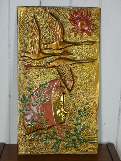 Vintage Eastern European Pressed Brass Wall Plaque – Hand-Painted Geese in Flight & Woman – Folk Art Relief Panel