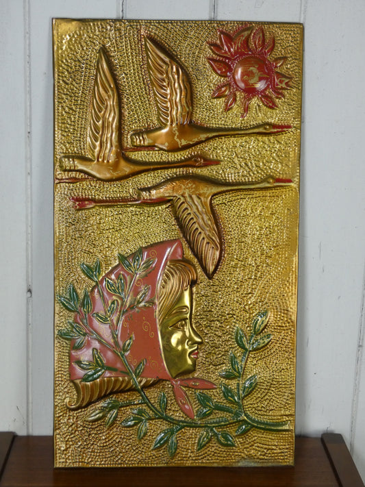 Vintage Eastern European Pressed Brass Wall Plaque – Hand-Painted Geese in Flight & Woman – Folk Art Relief Panel