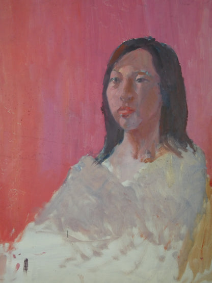 Woman Against a Crimson Ground Mid-Century Modernist Oil on Board