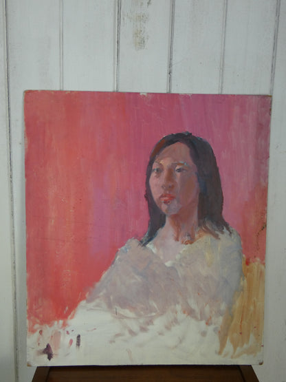 Woman Against a Crimson Ground Mid-Century Modernist Oil on Board
