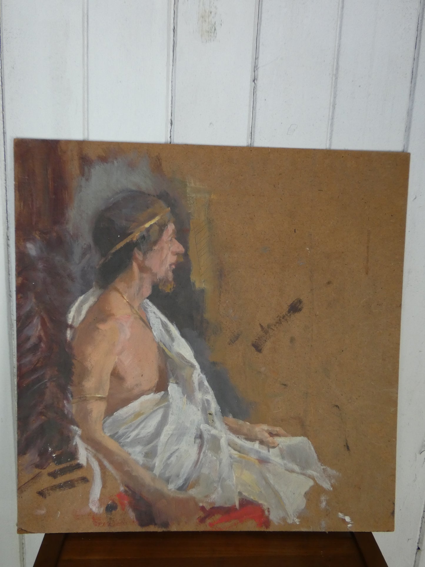 Classical Male Figure in Profile Mid-Century Modernist Oil on Board | Figurative Study