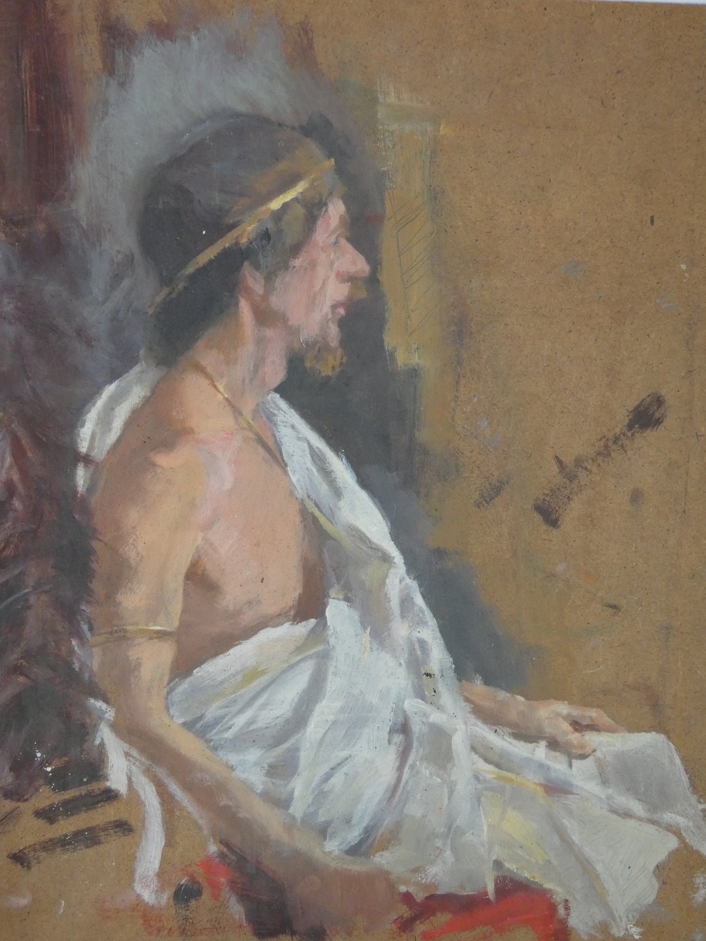 Classical Male Figure in Profile Mid-Century Modernist Oil on Board | Figurative Study