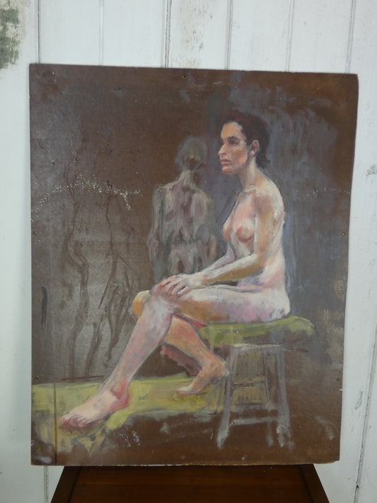 Seated Nude with Shadow Figure Mid-Century Modernist Oil on Board