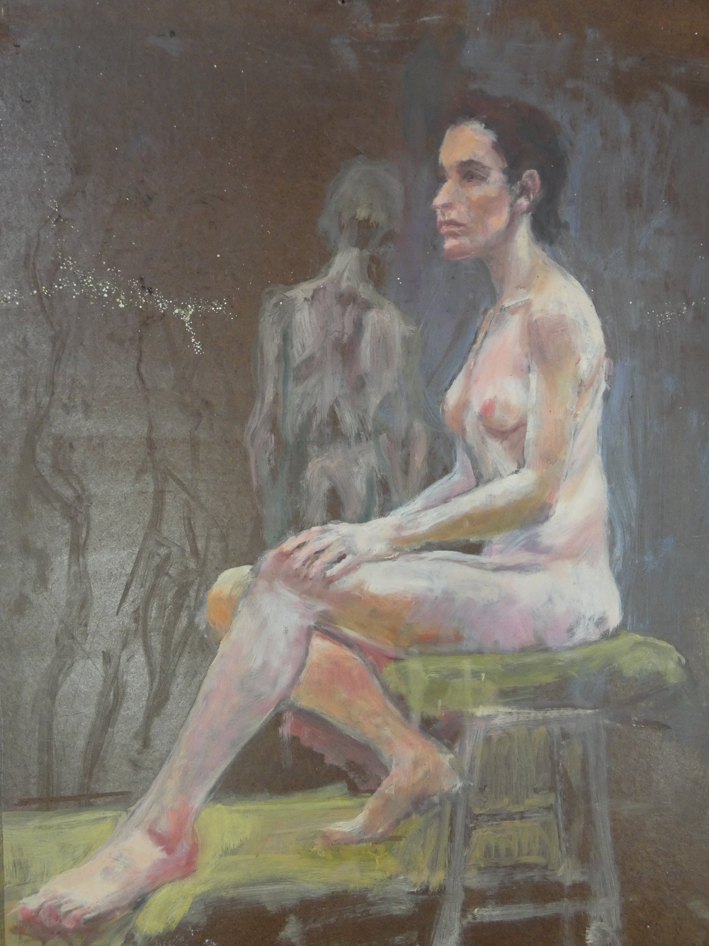 Seated Nude with Shadow Figure Mid-Century Modernist Oil on Board