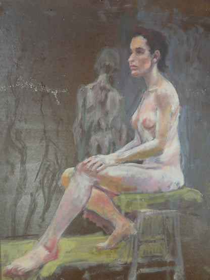 Seated Nude with Shadow Figure Mid-Century Modernist Oil on Board