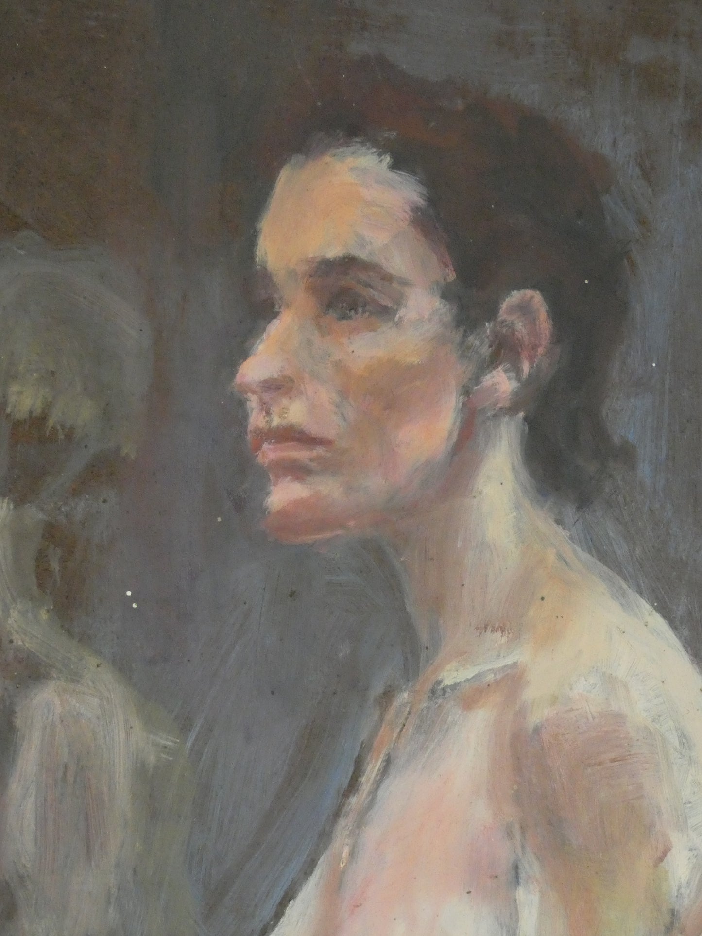 Seated Nude with Shadow Figure Mid-Century Modernist Oil on Board