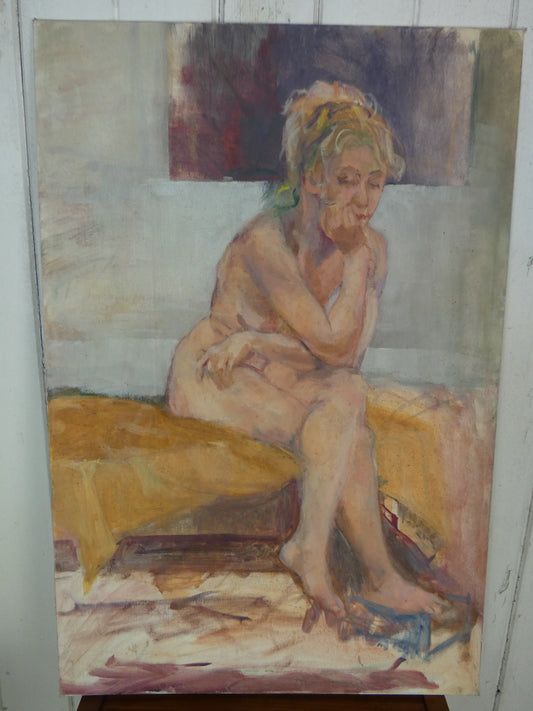 Contemplative Nude Mid-Century Modernist Oil on Board