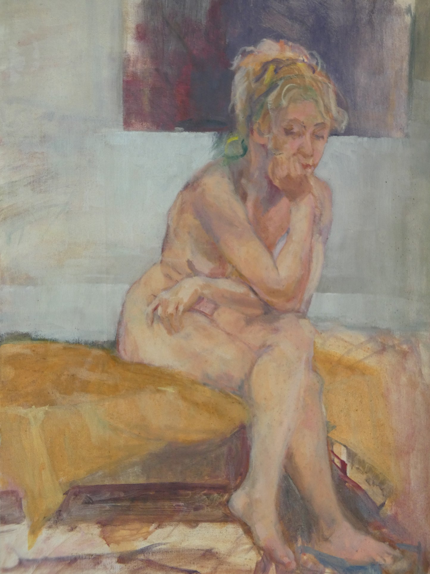Contemplative Nude Mid-Century Modernist Oil on Board