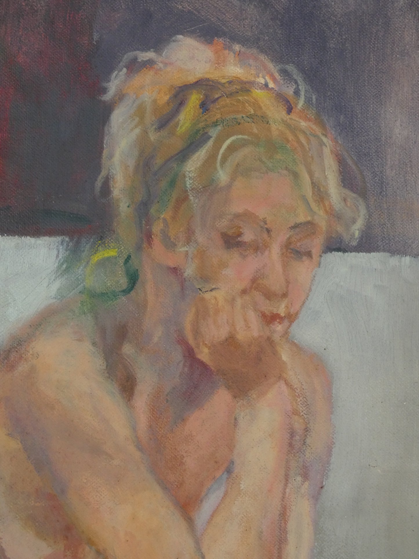 Contemplative Nude Mid-Century Modernist Oil on Board
