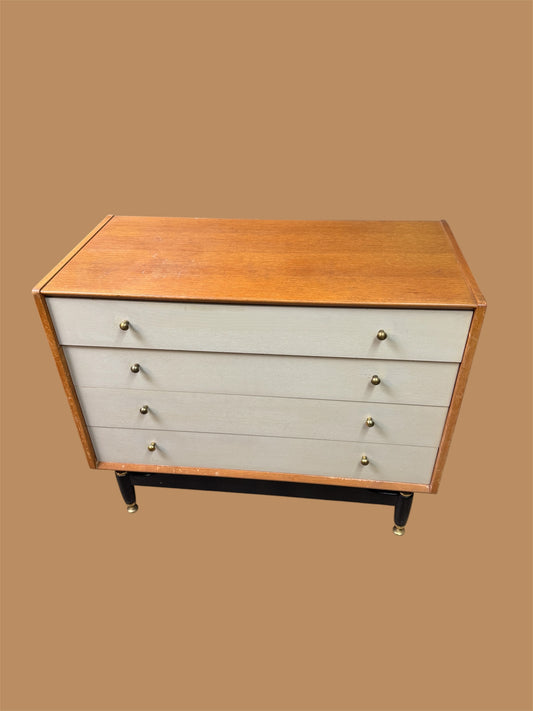 Vintage G-Plan Chinese White Chest of Drawers – E. Gomme 1950s Mid Century Modern Oak & Brass