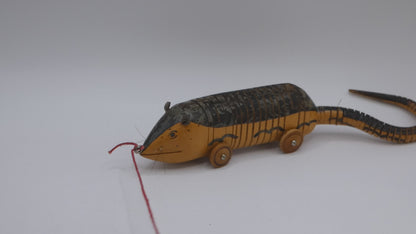 Vintage Folk Art Wooden Pull-Along Mouse Toy with Articulated Tail – Handcrafted Rustic Critter