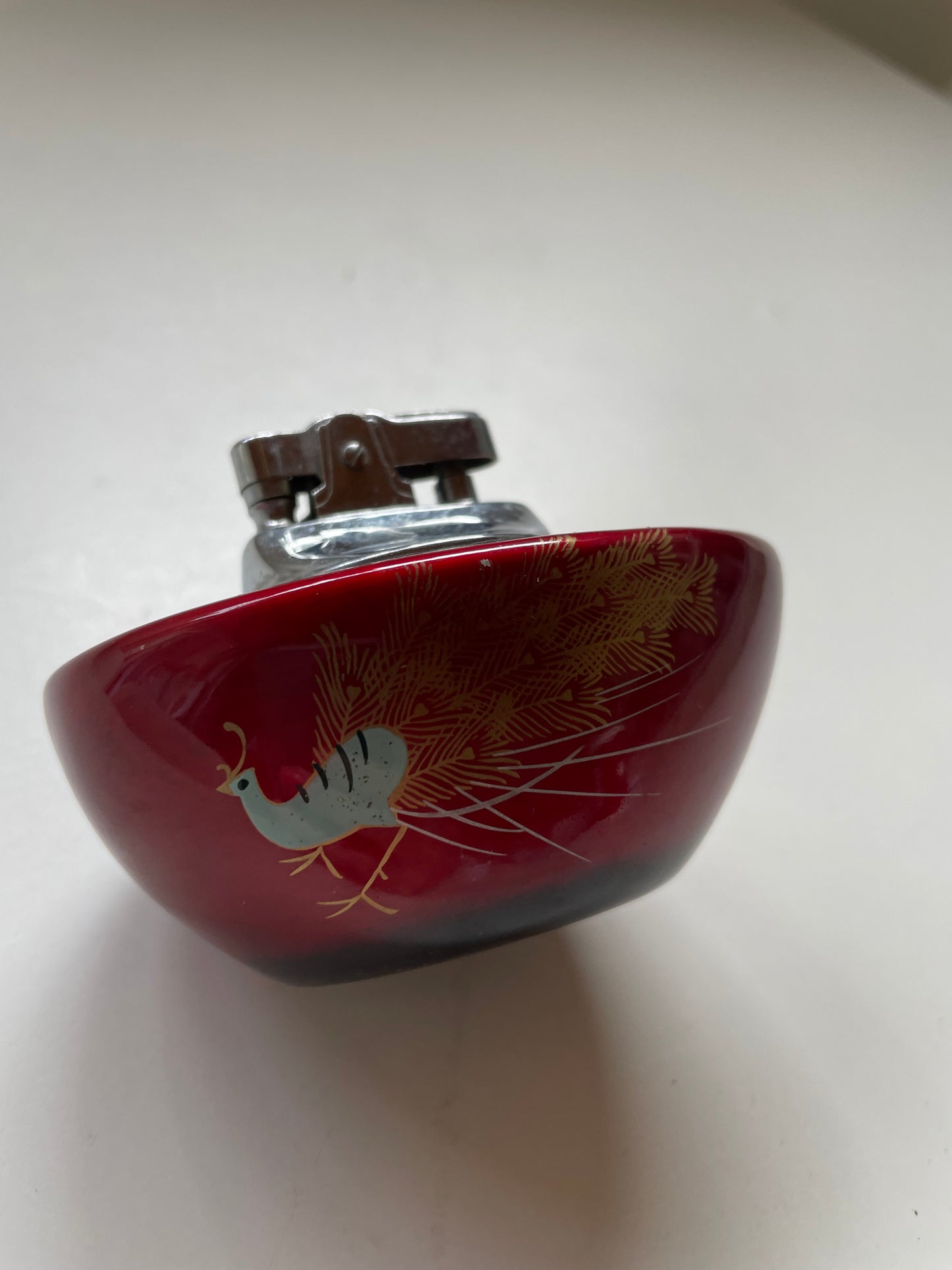 Peacock design red lighter Japanese Mid century
