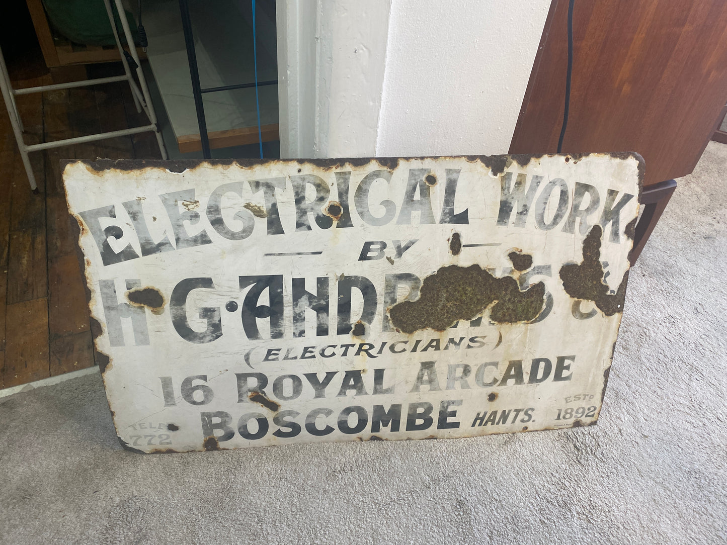 Vintage Electrical Work Enamel Sign: H G Andrews   - Boscombe Hants -  Patina