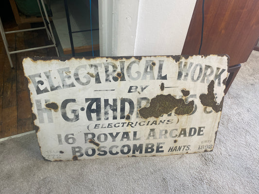 Vintage Electrical Work Enamel Sign: H G Andrews   - Boscombe Hants -  Patina
