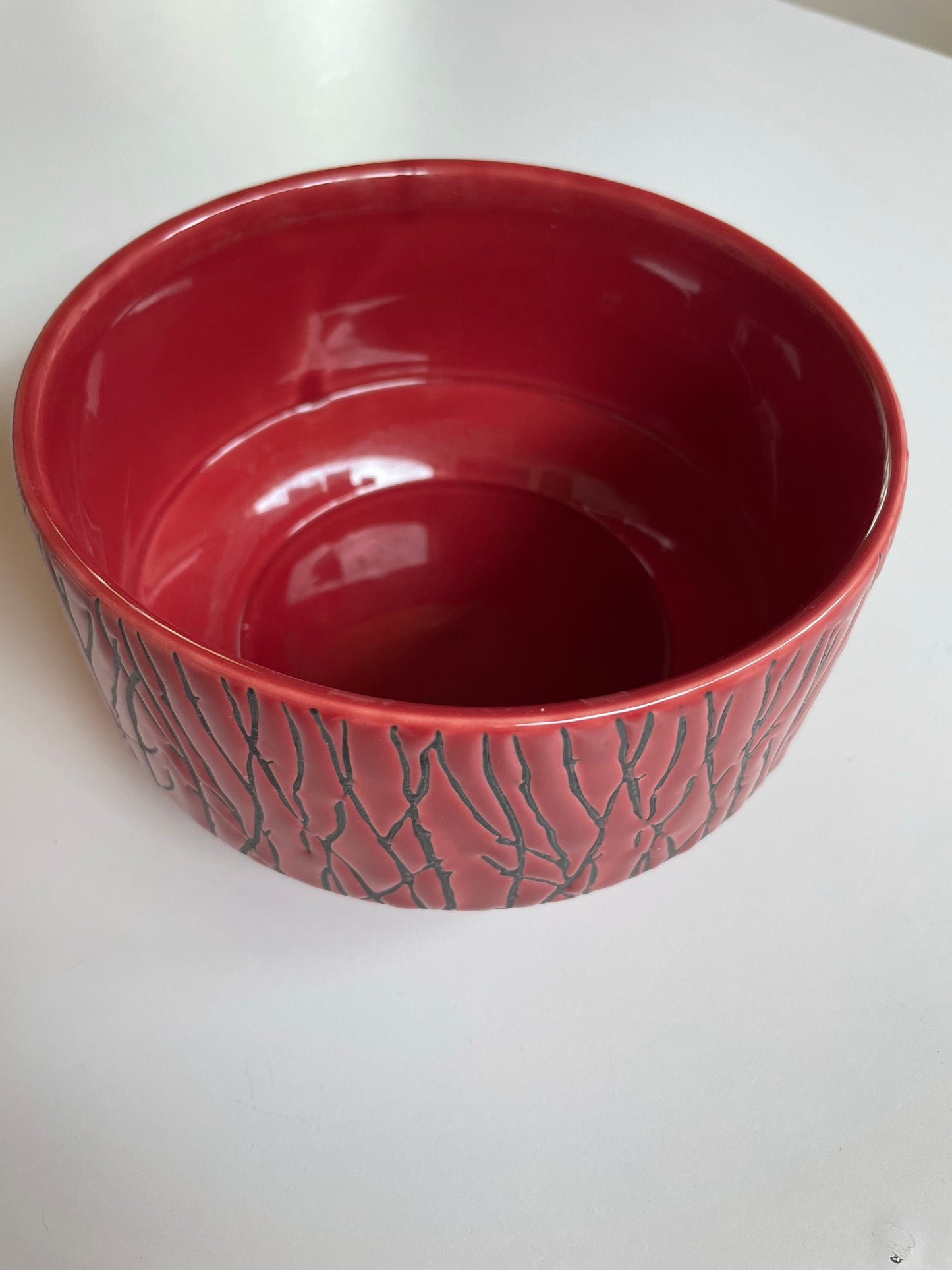 Red ceramic bamboo patterned dish / pot 50s / 60s