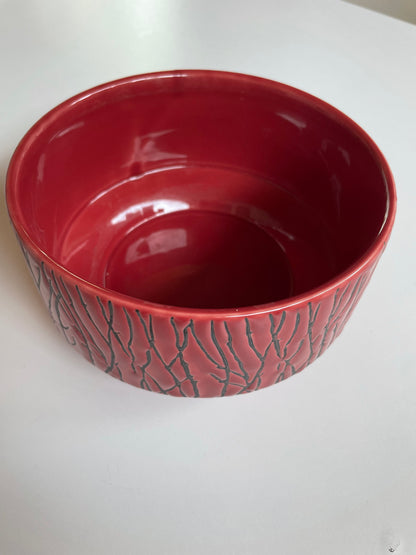 Red ceramic bamboo patterned dish / pot 50s / 60s