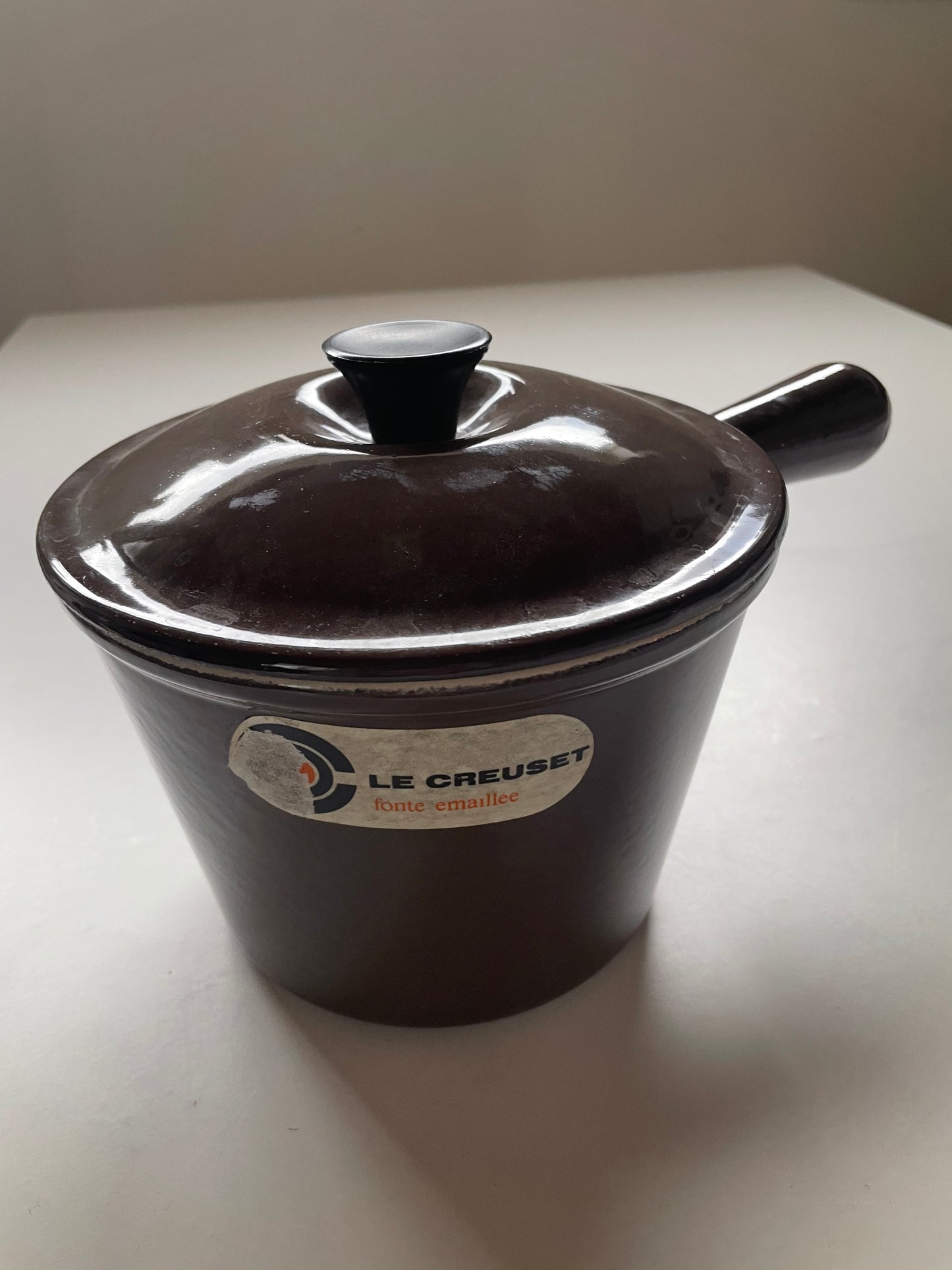 Brown Le Creuset lidded pan with handle 70s