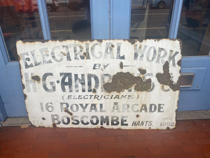 Vintage Electrical Work Enamel Sign: H G Andrews   - Boscombe Hants -  Patina