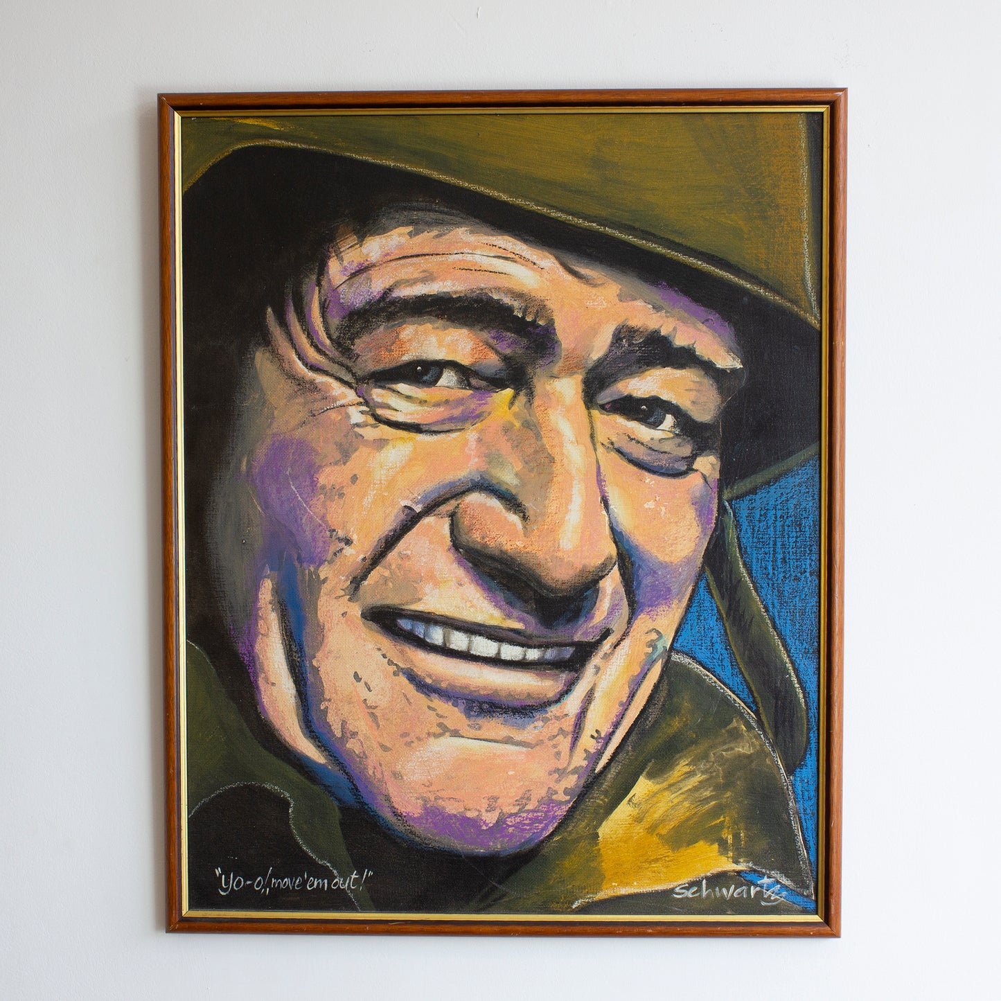 John Wayne  Oil on board - framed 70s Yo '  0 Move' Em Out !